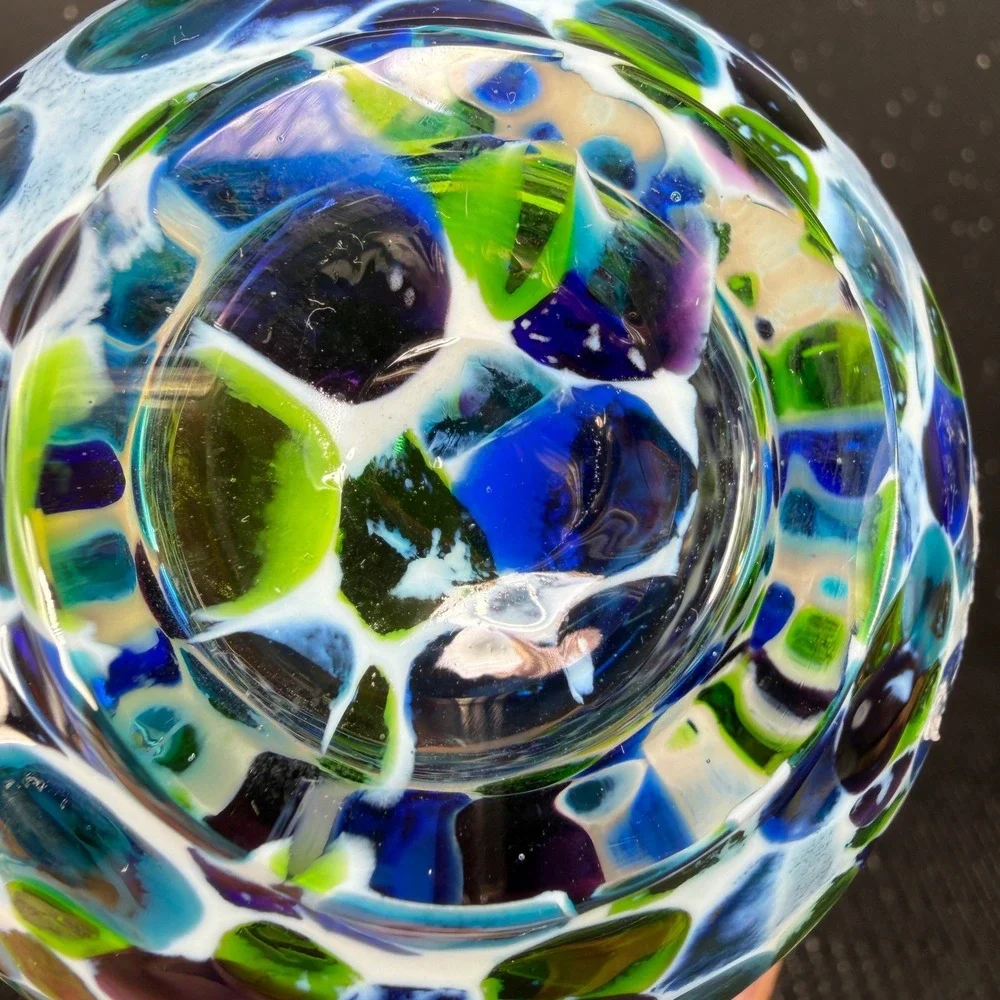 Hand Blown USA Glass Votive Holder Blue Green Purple Confetti Mosaic Cup Glass
